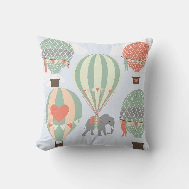 Cute Elephant Riding Hot Air Balloons Rising Cushion (Front)