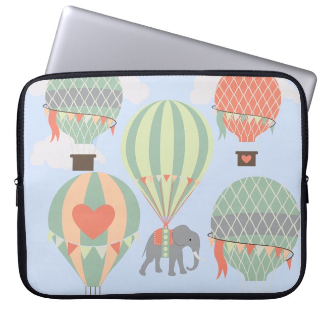 Cute Elephant Riding Hot Air Balloons Rising Laptop Sleeve (Front)