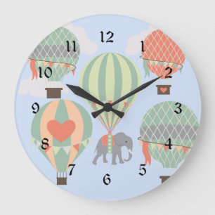 Cute Elephant Riding Hot Air Balloons Rising Large Clock