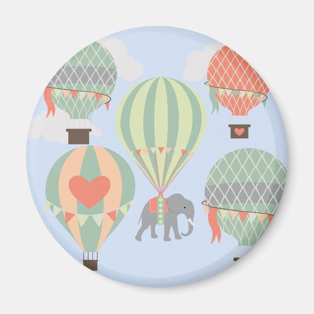 Cute Elephant Riding Hot Air Balloons Rising Magnet (Front)