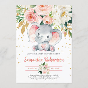 Cute Elephant Rustic BLush Pink FLoral Baby Invitation