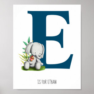 Cute Elephant Safari Monogram Nursery Room Poster