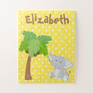 Cute Elephant Safari Yellow and White Polka Dot Jigsaw Puzzle