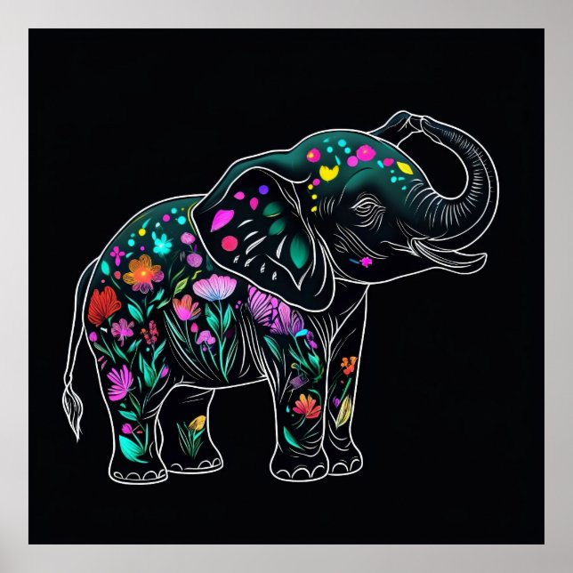 Cute Elephant Saluting with Colourful Flowers Line Poster (Front)