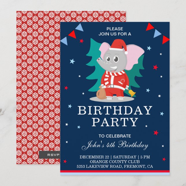 Cute Elephant Santa Claus Christmas Birthday Party Invitation (Front/Back)
