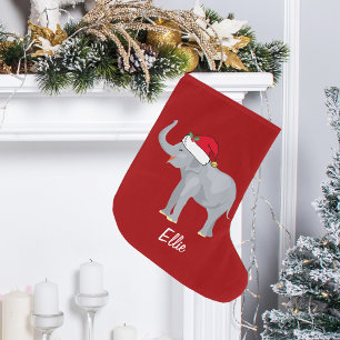 Cute Elephant Santa Hat Personalised Red Large Christmas Stocking