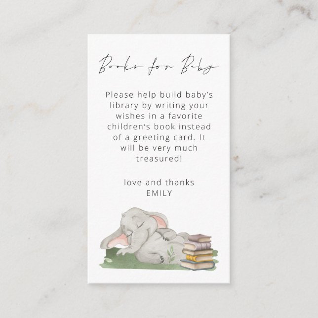 Cute Elephant Script Books for Baby Shower Enclosure Card (Front)