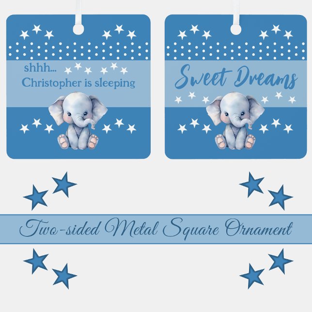 Cute elephant shhh add name is sleeping blue metal tree decoration (Creator Uploaded)