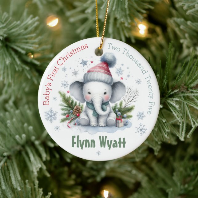 Cute Elephant Snowflake Baby's First Christmas Ceramic Ornament (Tree)