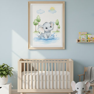 Cute Elephant Splashing in Water Poster