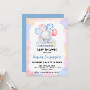 Cute elephant star balloon baby shower party boys invitation