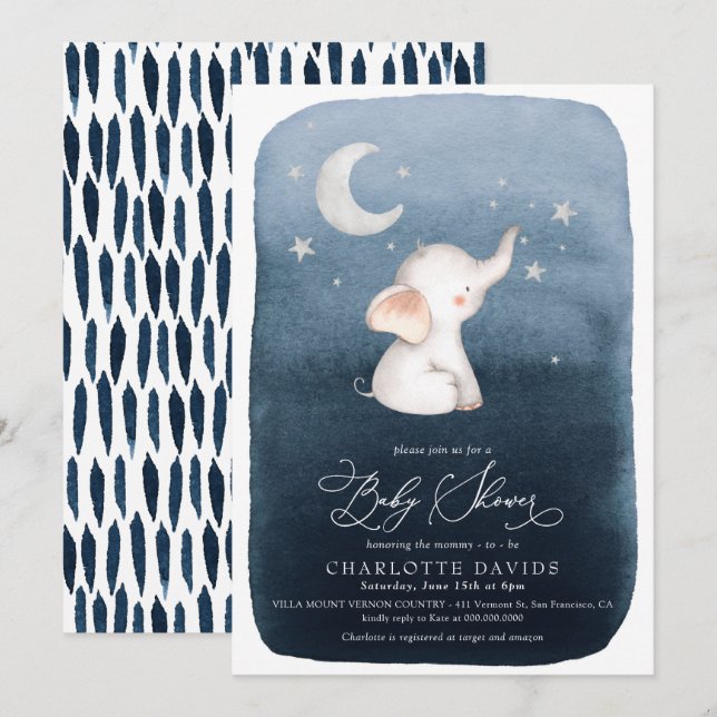 Cute Elephant Stars & Moon Navy Boy Baby Shower Invitation (Front/Back)