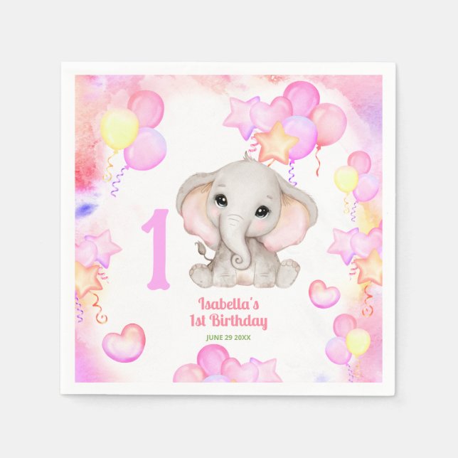 Cute Elephant Summer Colourful Girl 1stBirthday Napkin (Front)