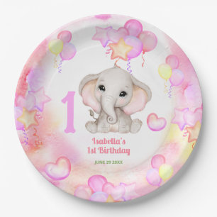 Cute Elephant Summer Colourful Girl 1stBirthday Paper Plate