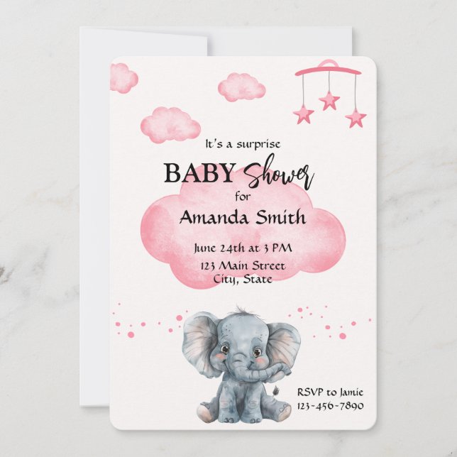Cute Elephant Surprise Baby Shower Pink Invitation (Front)