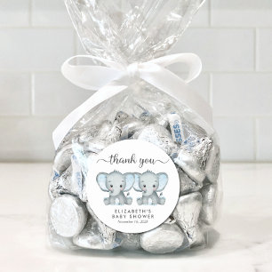Cute Elephant Twin Baby Boys Shower Thank You Classic Round Sticker