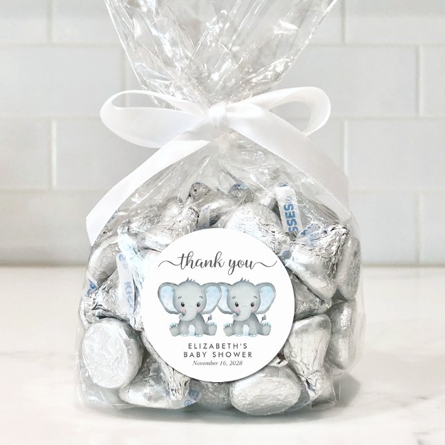 Cute Elephant Twin Baby Boys Shower Thank You Classic Round Sticker (Creator Uploaded)