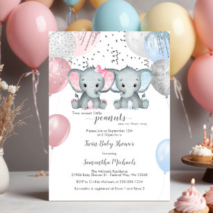 Cute Elephant Twin Balloon Baby Shower Invitation