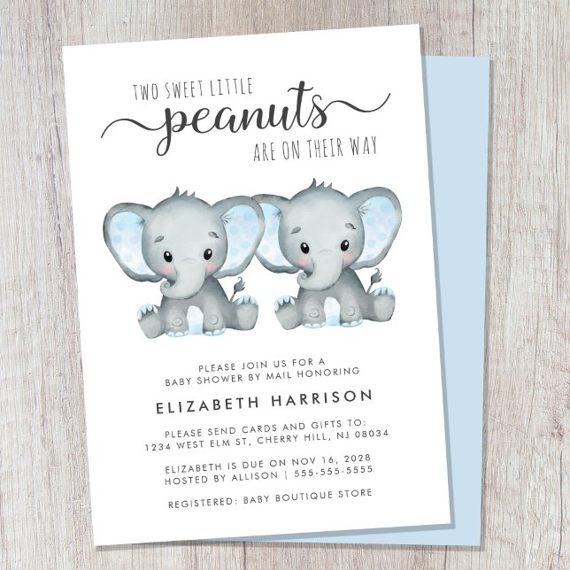 Cute Elephant Twin Boys Baby Shower By Mail Invitation (Cute boy twins baby shower by mail invitation)