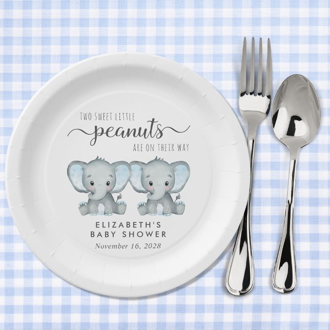 Cute Elephant Twin Boys Baby Shower Paper Plate (Creator Uploaded)