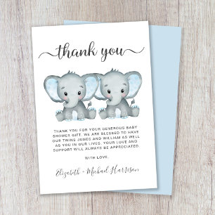 Cute Elephant Twin Boys Baby Shower Thank You Card