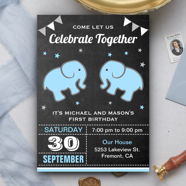 Cute Elephant Twin Boys Birthday Party Invitation (Creator Uploaded)