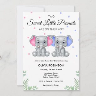 Cute Elephant Twin Girl Boy Baby Shower  Invitation