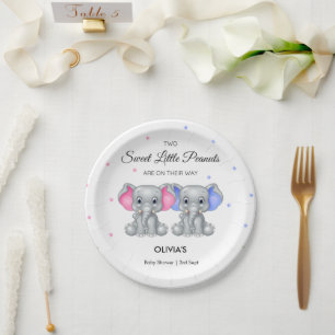 Cute Elephant Twin Girl Boy Baby Shower  Paper Plate