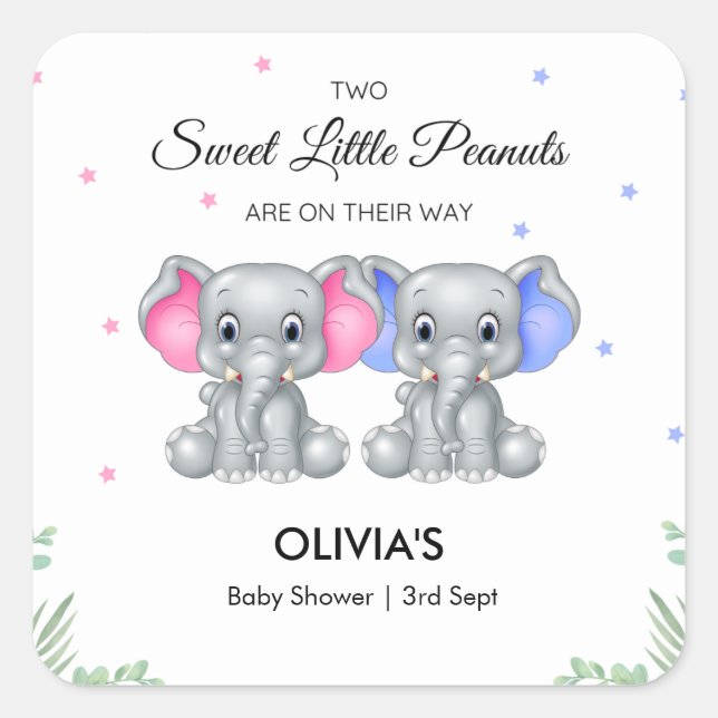 Cute Elephant Twin Girl Boy Baby Shower  Square Sticker (Front)