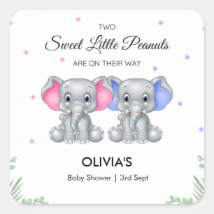 Cute Elephant Twin Girl Boy Baby Shower  Square Sticker