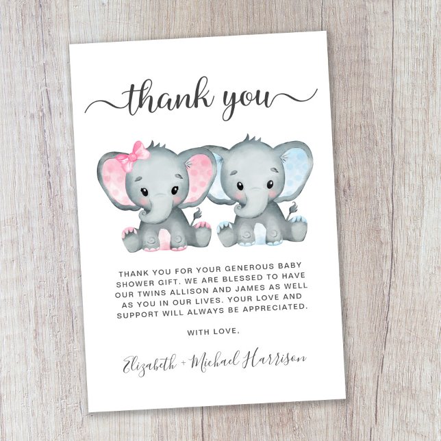 Cute Elephant Twin Girl Boy Baby Shower Thank You Card (Creator Uploaded)