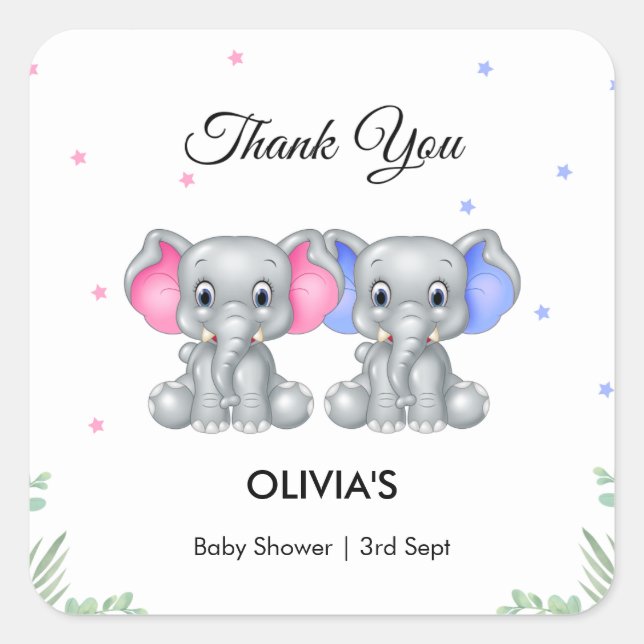 Cute Elephant Twin Girl Boy Baby Shower Thank You  Square Sticker (Front)