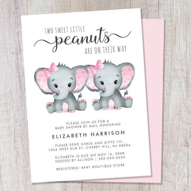 Cute Elephant Twin Girls Baby Shower By Mail Invitation (Cute girl twins baby shower by mail invitation)