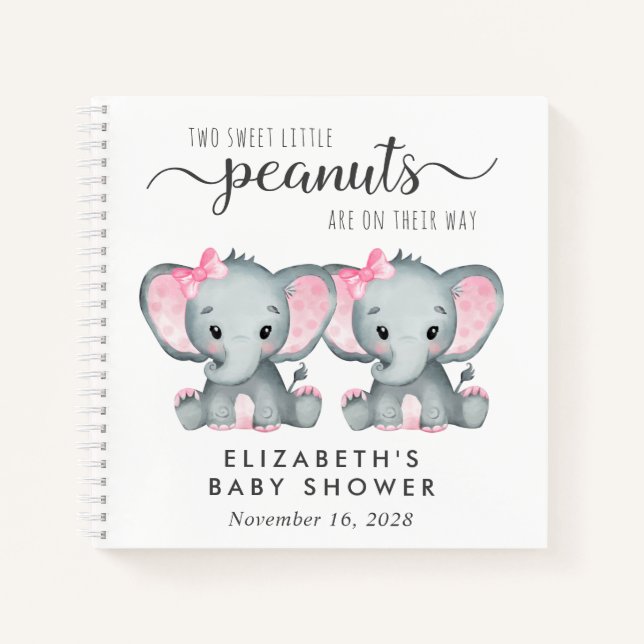 Cute Elephant Twin Girls Baby Shower Guest Book (Front)