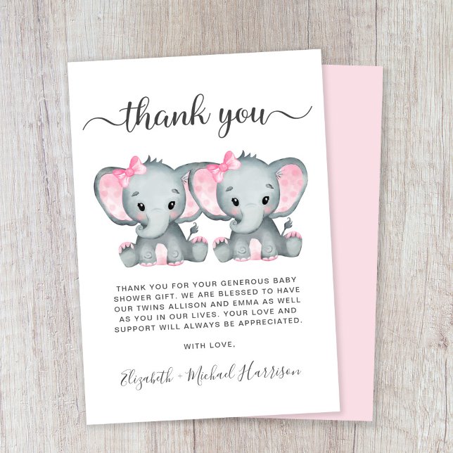Cute Elephant Twin Girls Baby Shower Thank You Card (Creator Uploaded)