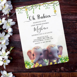 Cute Elephant Twins Baby Shower Floral Greenery  Invitation