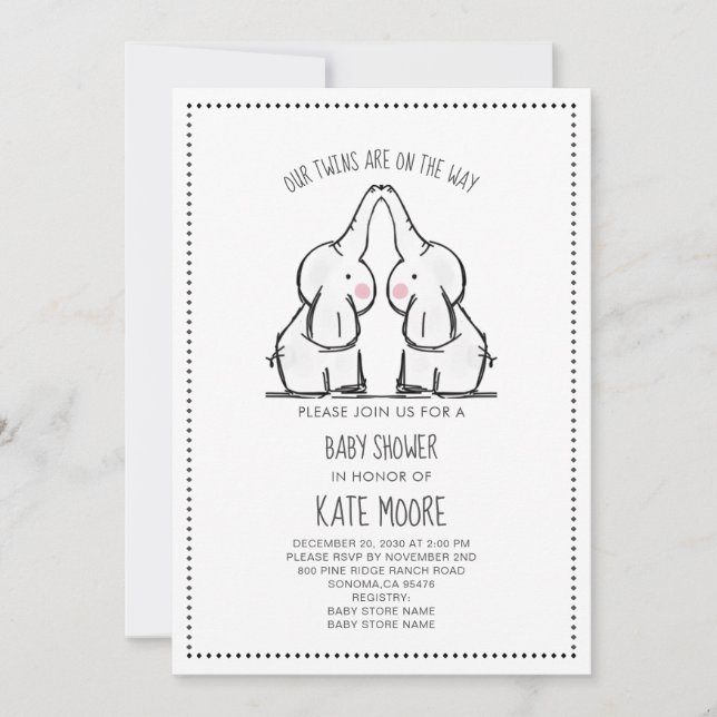 Cute Elephant Twins Baby Shower Invitation (Front)