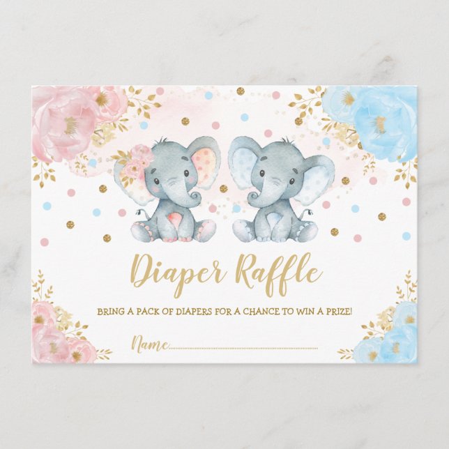 Cute Elephant Twins Boy Girl Baby Diaper Raffle Enclosure Card (Front)