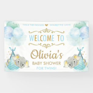 Cute Elephant Twins Boys Baby Shower Backdrop Banner
