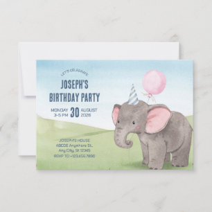 Cute elephant watercolor birthday  invitation