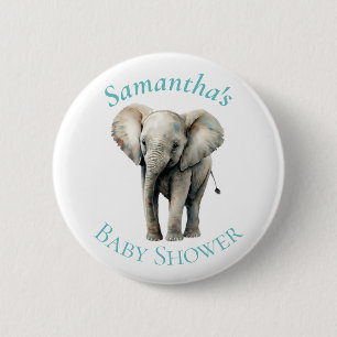 Cute Elephant  Watercolor Blue Baby Shower  Button