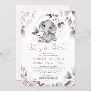 Cute Elephant Watercolor Greenery Girl Baby Shower Invitation