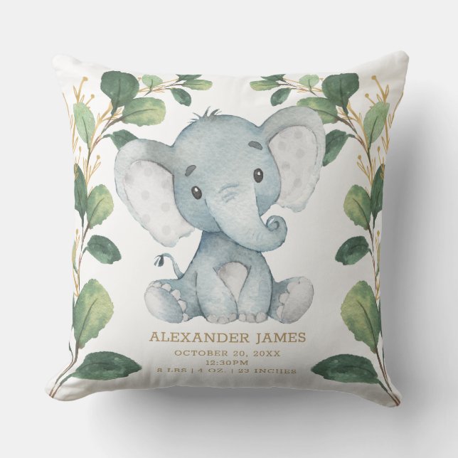 Cute Elephant Watercolor Greenery Gold Birth Stats Cushion (Front)