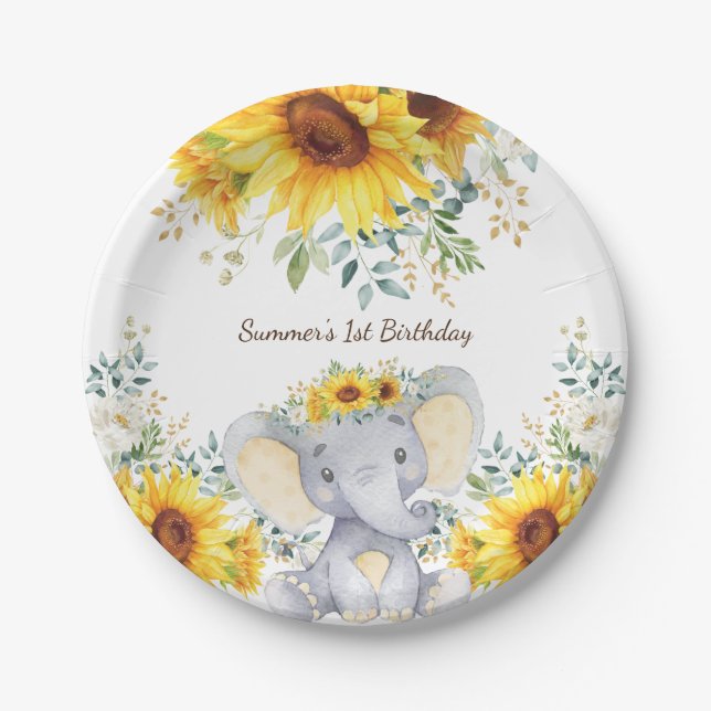 Cute Elephant Watercolor Sunflowers 1st Birthday Paper Plate (Front)