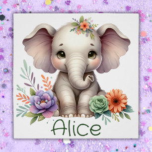 Cute Elephant Watercolor With Monogram Name Poster