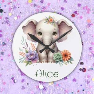 Cute Elephant Watercolor With Monogram Name Round Clock