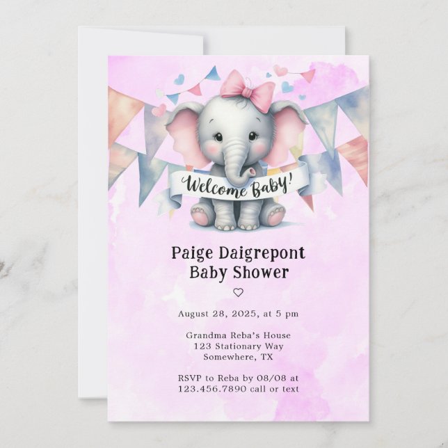 Cute Elephant Welcome Girl Baby Shower Invitation (Front)