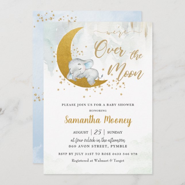 Cute Elephant We're Over the Moon Boy Baby Shower  Invitation (Front/Back)