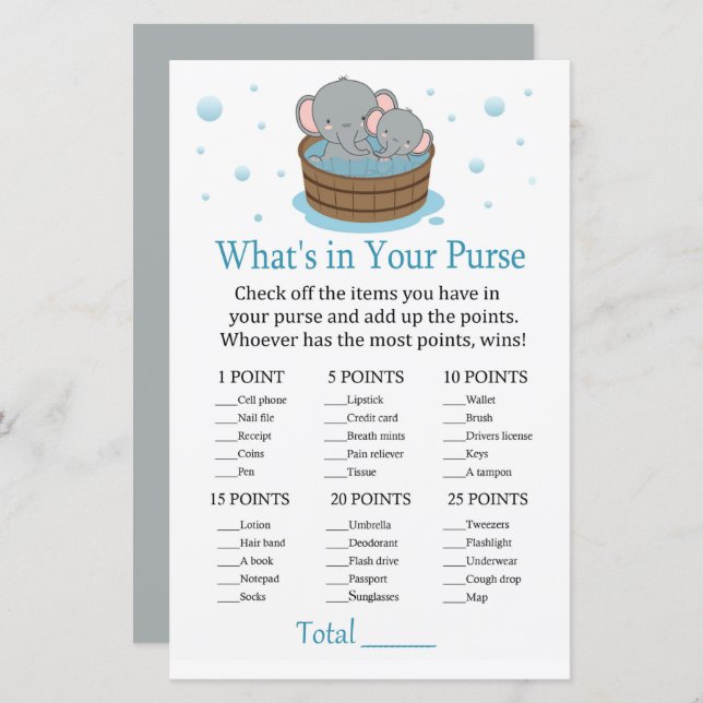 Cute Elephant What's in your purse game (Front/Back)