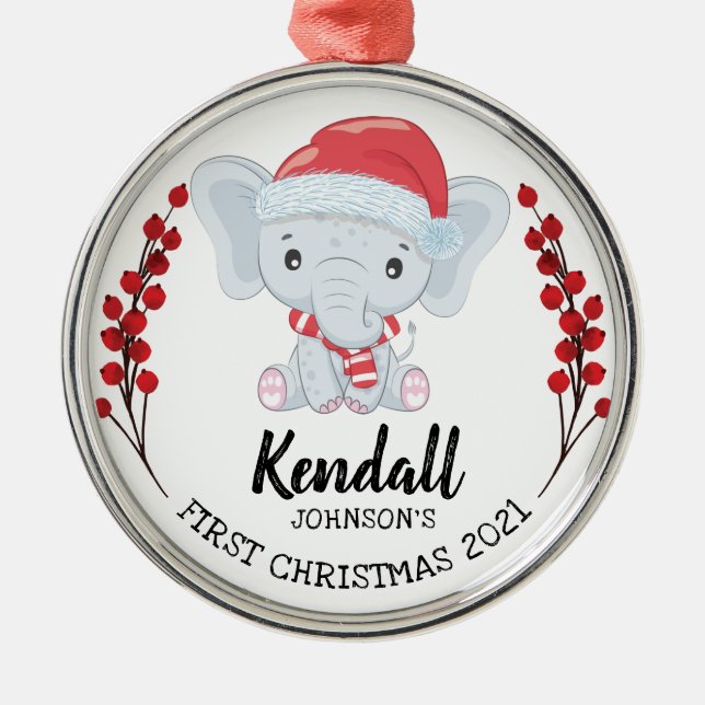 Cute Elephant Winter Holiday Baby's 1st Christmas Metal Ornament (Front)